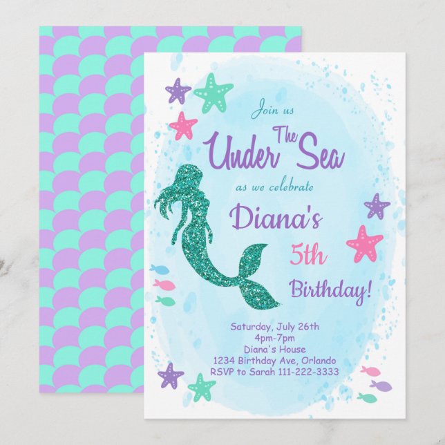 Glitter Mermaid Under the Sea Birthday Invitation (Front/Back)
