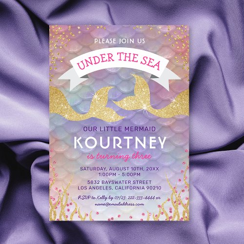 Glitter Mermaid Under the Sea Birthday Party Invitation