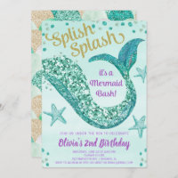 Glitter mermaid under the sea girl birthday party invitation