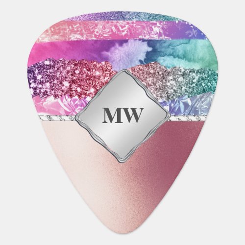 Glitter metallic rainbow foil monogram girly chic guitar pick