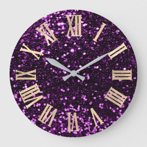 Glitter Metallic Roman Numbers Purple Plum Gold Large Clock