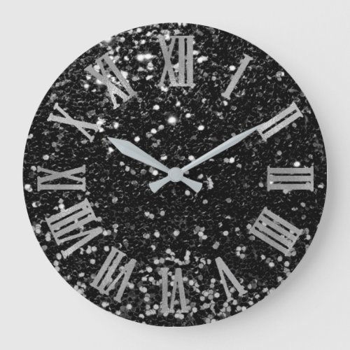Glitter Metallic Roman Numbers Silver Black Gray Large Clock