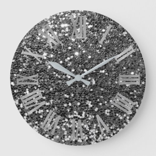 Glitter Metallic Roman Numbers Silver Graphit Gray Large Clock