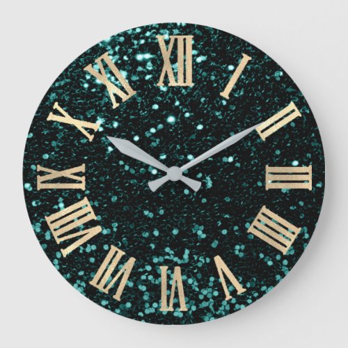 Glitter Metallic Roman Numbers Teal Cali Gold Large Clock