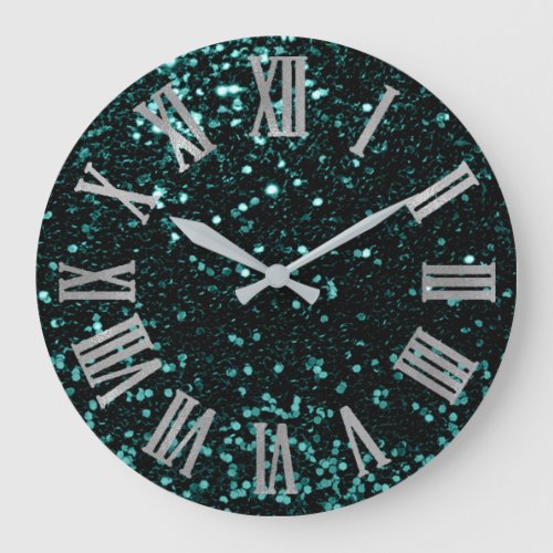 Glitter Metallic Roman Numbers Teal Deep Gray Large Clock