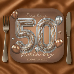 Glitter Metallic Silver and Bronze 50th Birthday Paper Plates