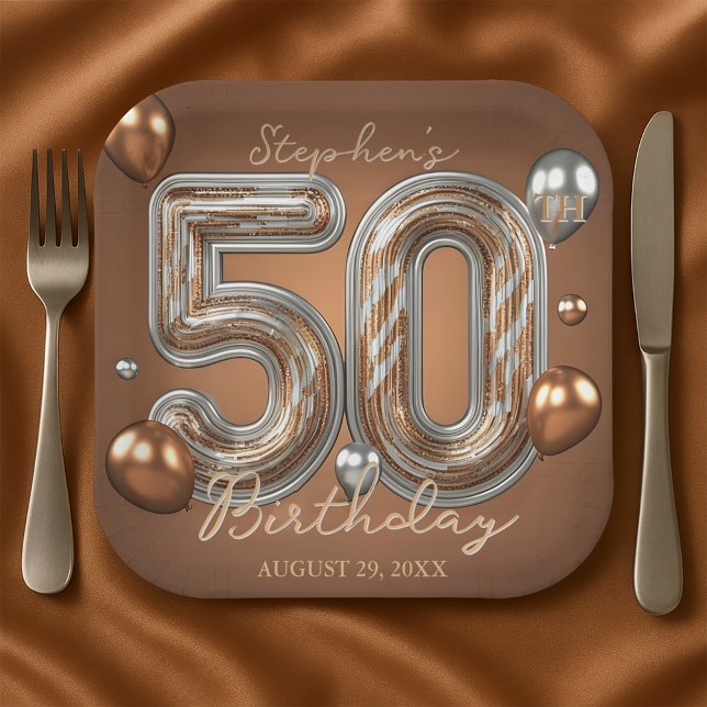 Glitter Metallic Silver and Bronze 50th Birthday Paper Plates (Creator Uploaded)