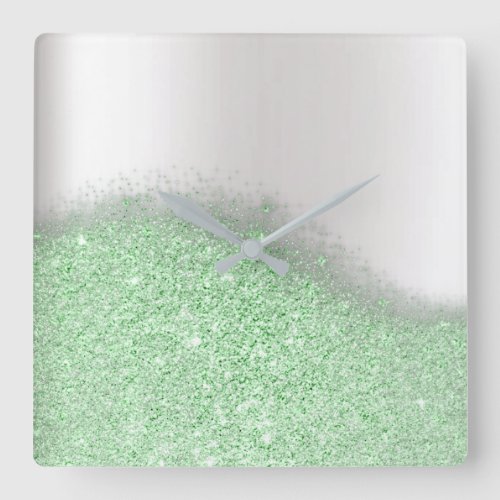 Glitter Mint Green Greenery Gray Minimal Metallic Square Wall Clock