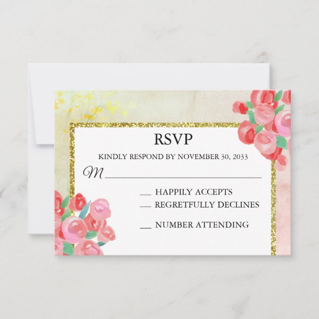 *~* Glitter Modern Floral Mint Blush Wedding RSVP (Front)