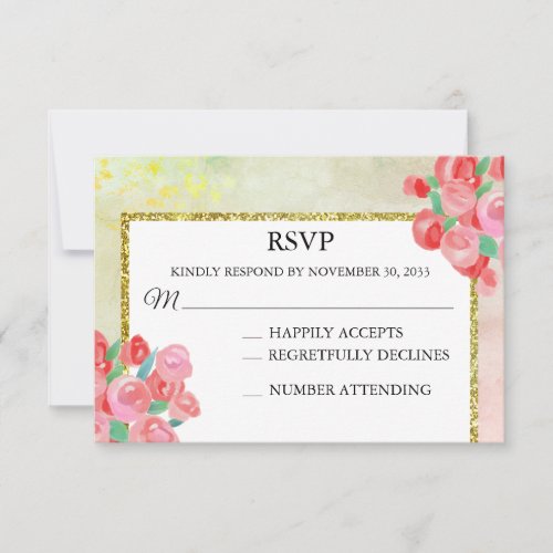 *~* Glitter Modern Floral Mint Blush Wedding RSVP