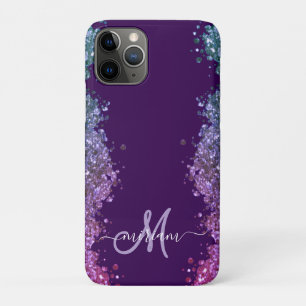 Glitter Modern Monogram Purple Teal Blue Shiny iPhone 11 Pro Case