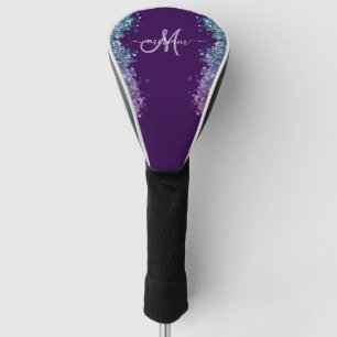 Glitter Modern Monogram Purple Teal Blue Shiny Golf Head Cover