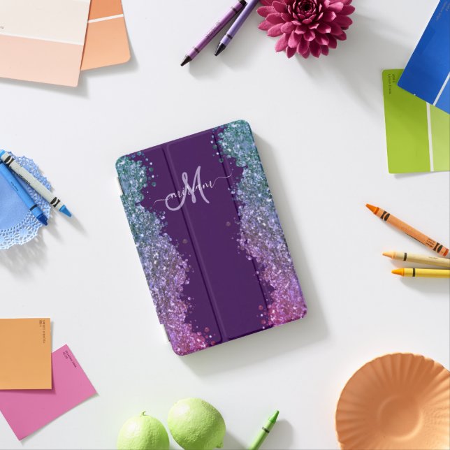 Glitter Modern Monogram Purple Teal Blue Shiny  iPad Mini Cover (In Situ)