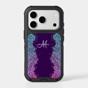 Glitter Modern Monogram Purple Teal Blue Shiny iPhone 17 Pro Case