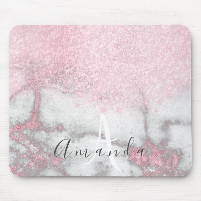 Glitter Monogram Makeup Artist Name Pink Marble Mouse Pad (Front)