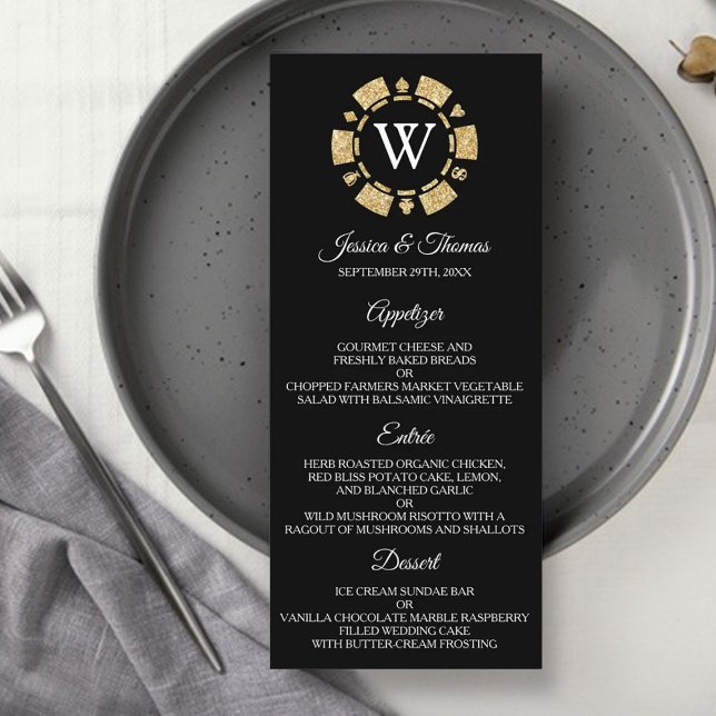 Glitter Monogram Poker Chip Casino Wedding Menu (Creator Uploaded)