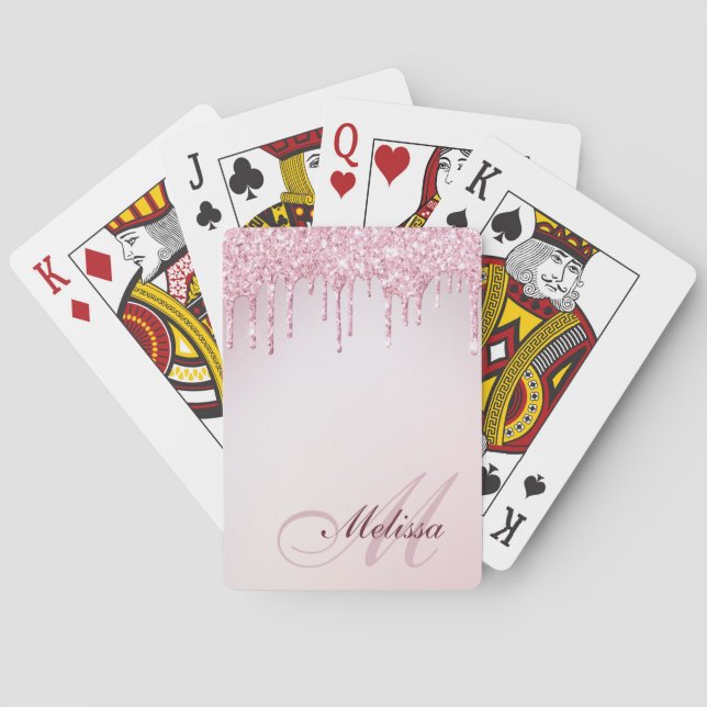 glitter monogram rose gold purple poker cards (Back)
