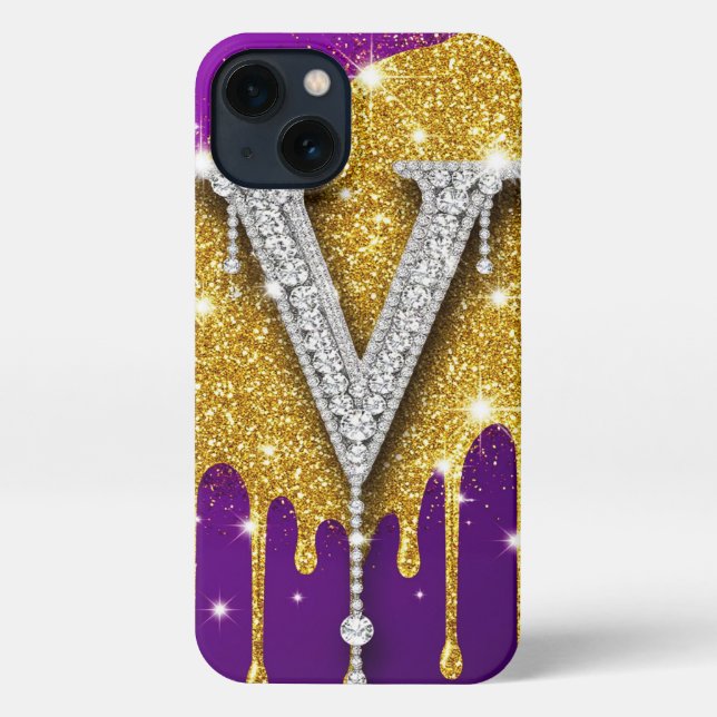 Glitter Monogram V ✨ Gold Drip Purple Luxe Glam iPhone Case (Back)