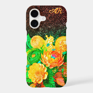 Glitter monogrammed flower bouquet iPhone 17 case