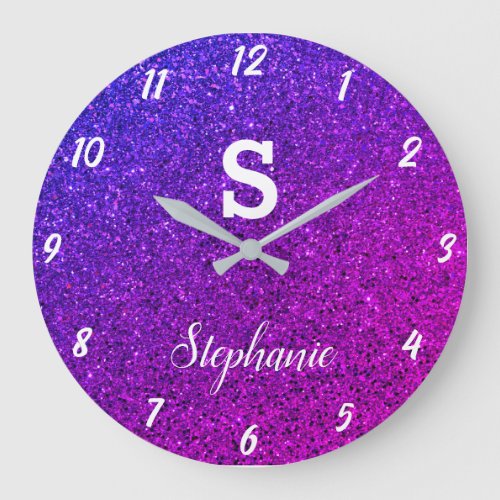 Glitter Monograms Purple Pink Elegant Gift Favor Large Clock