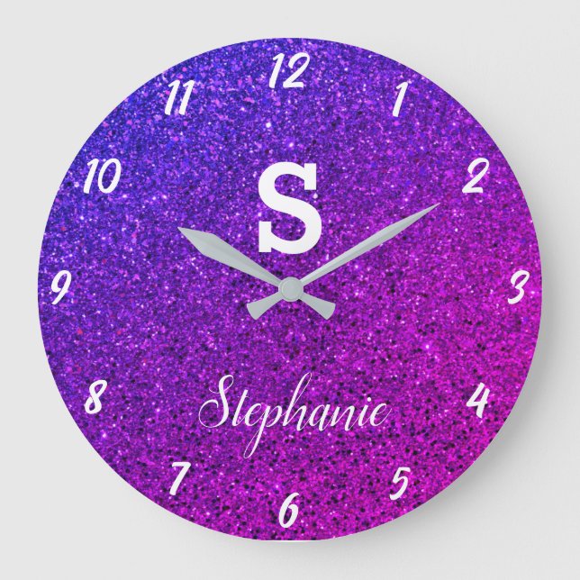 Glitter Monograms Purple Pink Elegant Gift Favor Large Clock (Front)
