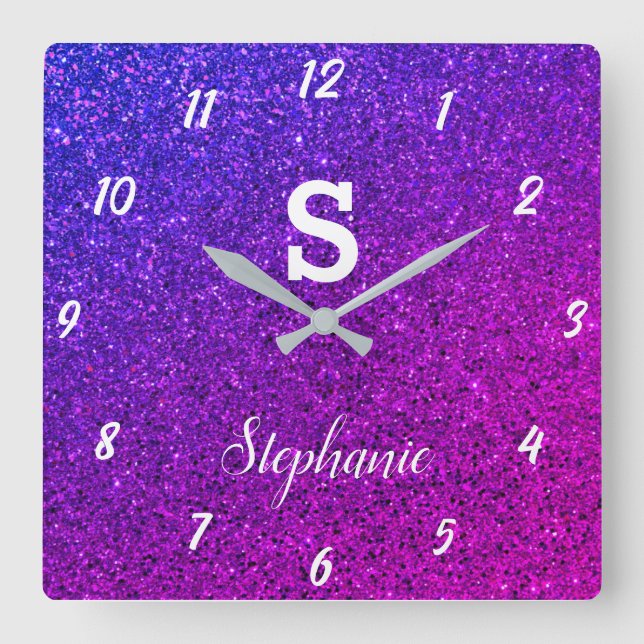 Glitter Monograms Purple Pink Elegant Gift Favor Square Wall Clock (Front)