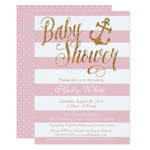 Glitter Nautical Girl Baby Shower Invitation