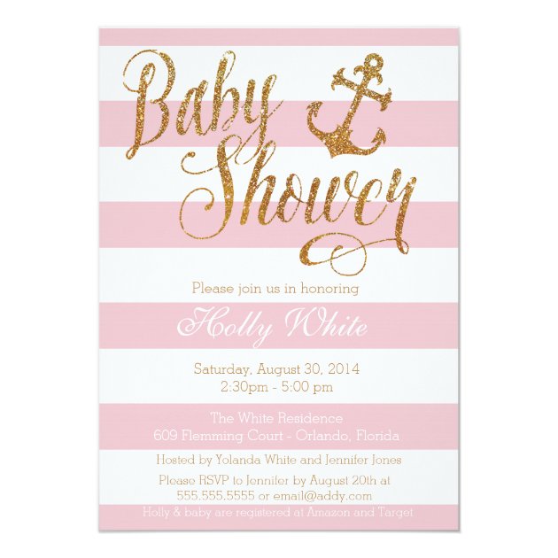 Glitter Nautical Girl Baby Shower Invitation
