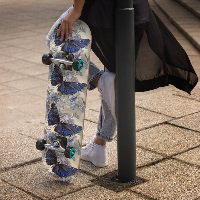 Glitter Navy Blue Butterfly With Floral Background Skateboard (GIRLY CUTE BUTTERFLY SPARKLE ELEGANT SKATEBOARD)