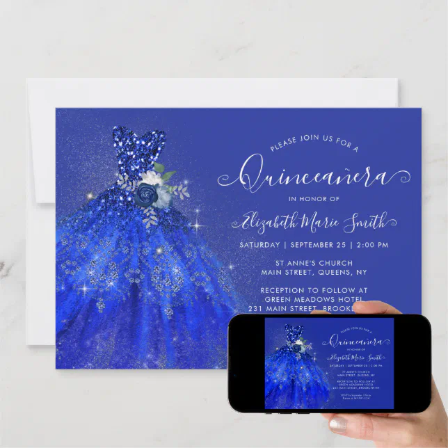 Glitter Navy Blue Floral Silver Dress Quinceanera Invitation Zazzle