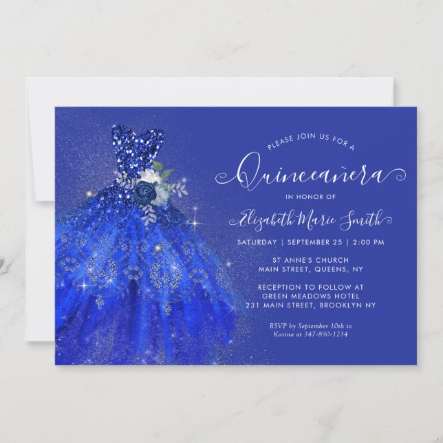 Glitter Navy Blue Floral Silver Dress Quinceanera Invitation (Front)