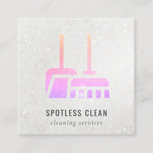 Glitter Neon Pink Orange Broom Cleaning Service Square Business Card