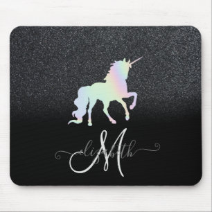 Glitter Ombre Black Monogram Holographic Unicorn Mouse Pad