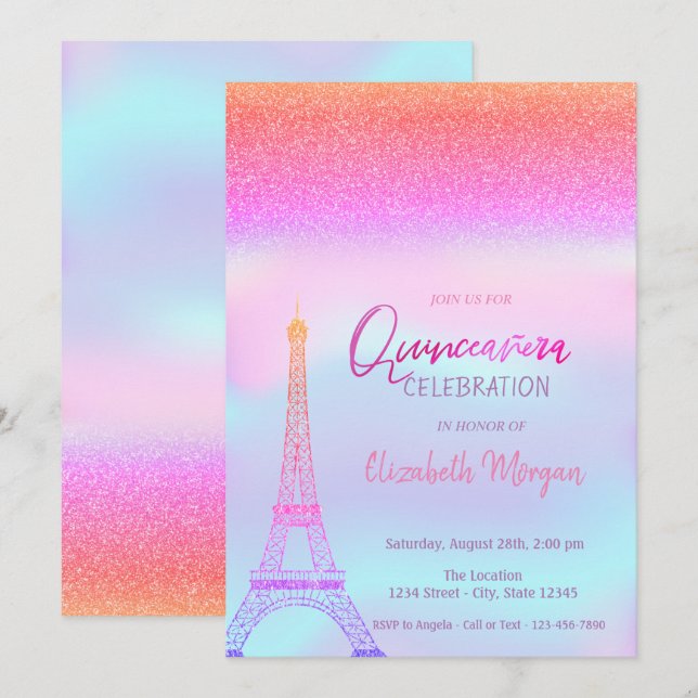 Glitter Ombre,Holographic Eiffel Tower Quinceanera Invitation (Front/Back)