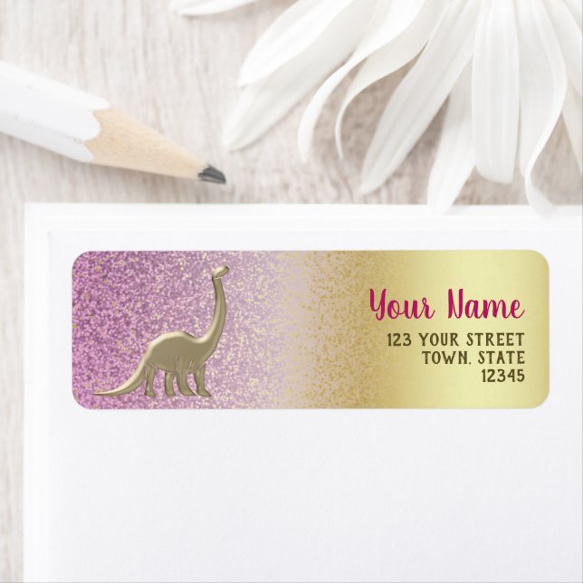 Glitter Ombre Pink & Gold Dinosaur Return Address Label (Insitu)