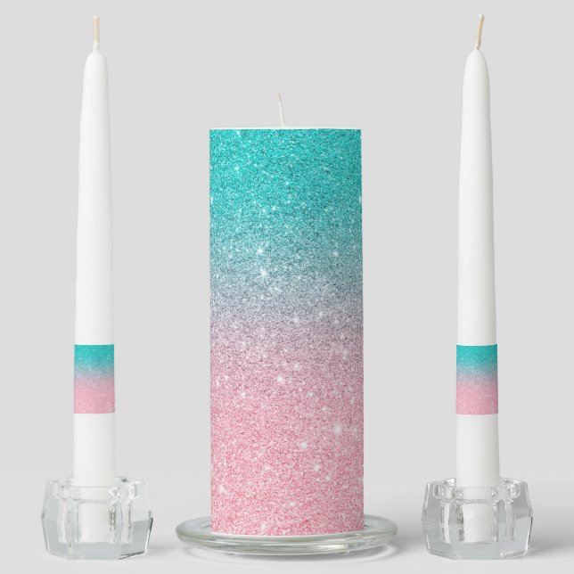 Glitter ombre pink to green unity candle set (Front)