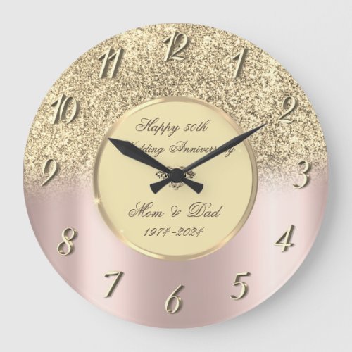 Glitter Ombre Rose Gold 50th Wedding Anniversary Large Clock