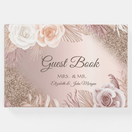 Glitter Ombre Rose Gold Boho Flowers Wedding Guest Book