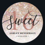 Glitter Ombre Sweet 16 Birthday Classic Round Sticker<br><div class="desc">Chic sweet sixteen glitter sticker. Design featuring elegant glitter champagne background,  rose gold 16 and calligraphy script ''sweet''. Personalize with your name and date.</div>