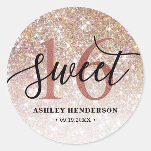 Glitter Ombre Sweet 16 Birthday Classic Round Sticker