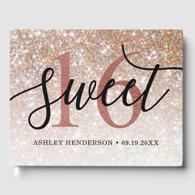 Glitter Ombre Sweet 16 Birthday Guest Book (Front)