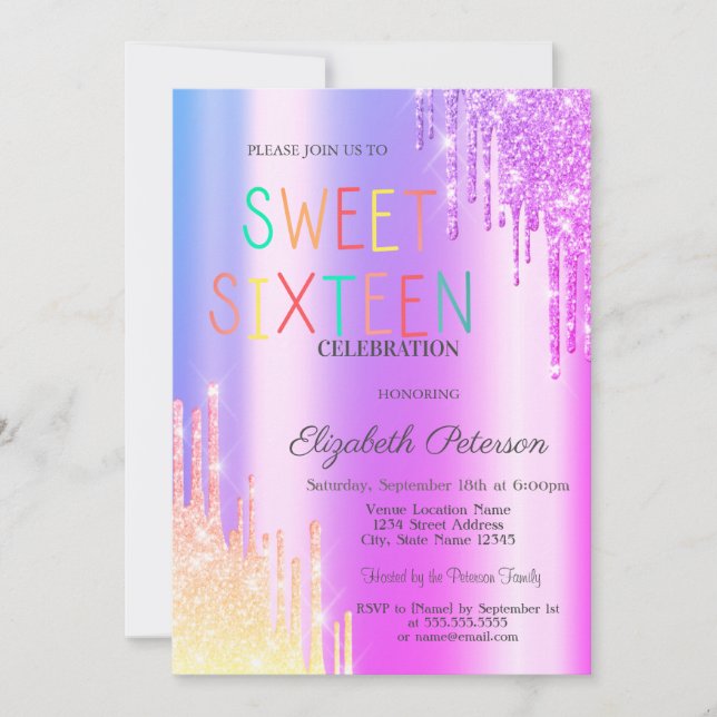  Glitter Ombre Violet Drips Colorful Sweet 16 Invitation (Front)