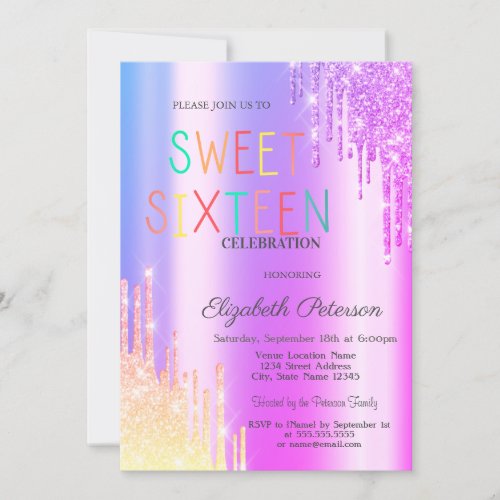  Glitter Ombre Violet Drips Colorful Sweet 16 Invitation