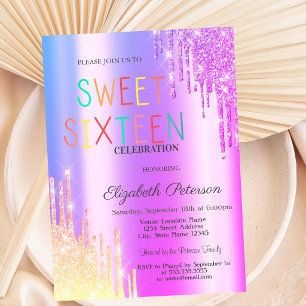 Glitter Ombre Violet Drips Colorful Sweet 16 Invitation