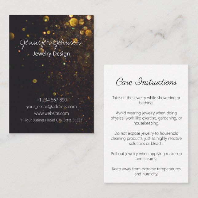 Glitter on Black Jewelry Care Cards Business Card (Front/Back)