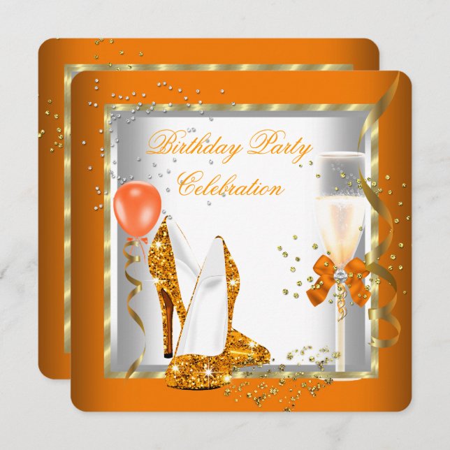 Glitter Orange Gold High Heels Birthday Party Invitation (Front/Back)