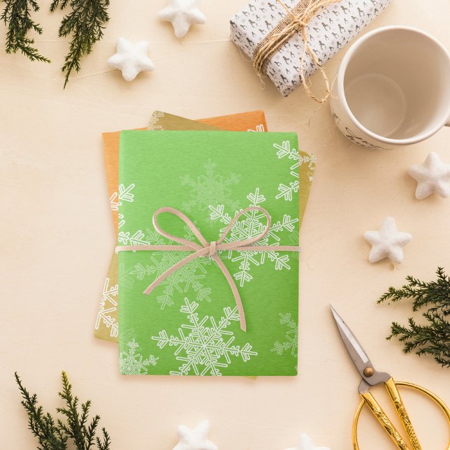 Glitter Orange Green Golden Snowflakes Christmas Wrapping Paper Sheets (Creator Uploaded)