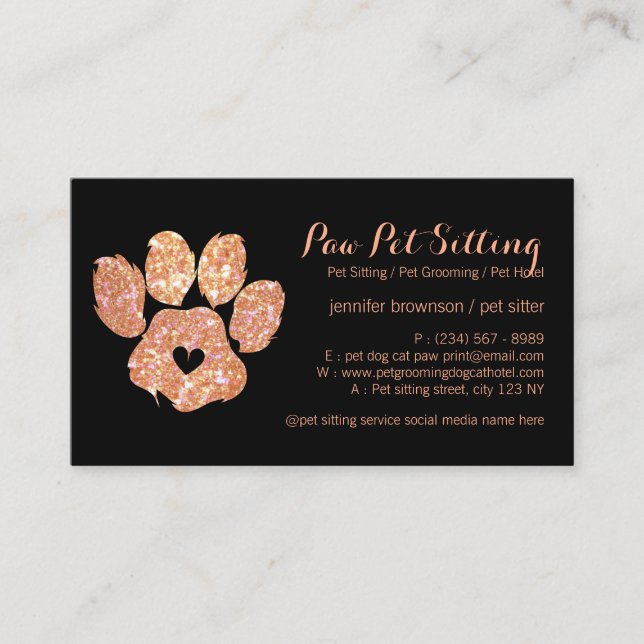 Glitter Orange Pet Sitter Grooming Paw Business Card (Front)