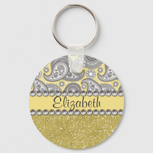 Glitter Paisley Rhinestone Print Pattern Keychain (Front)