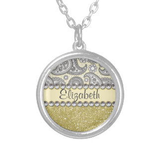 Glitter Paisley Rhinestone Print Pattern Silver Plated Necklace